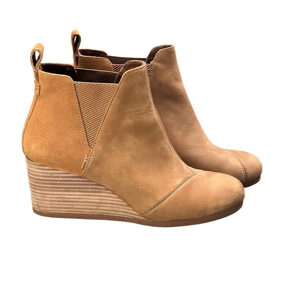 Toms Shoes - TOMS Kelsey Pull-On Wedge Womens 10 Bootie Tan Leather Suede Ankle Boot 10016858